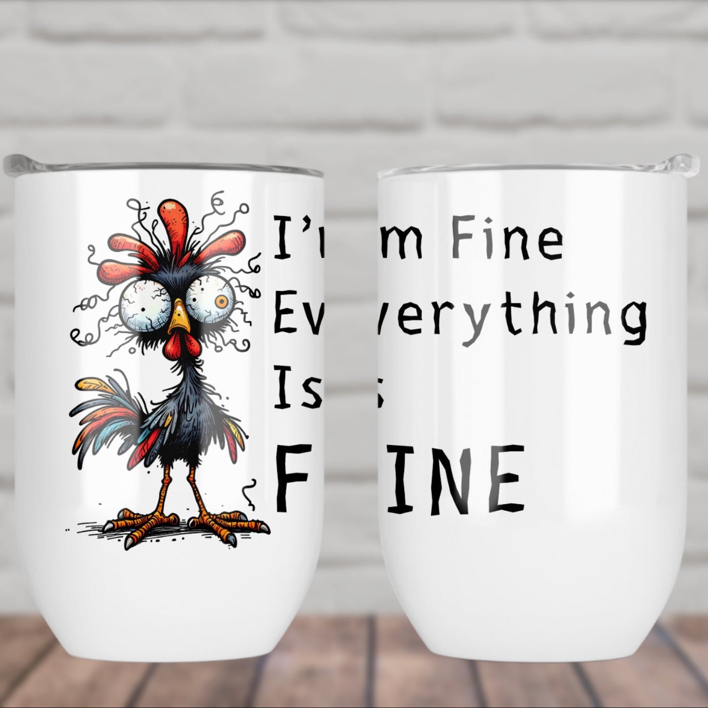 Two white tumblers with a cartoon rooster and text design on a wooden surface.
