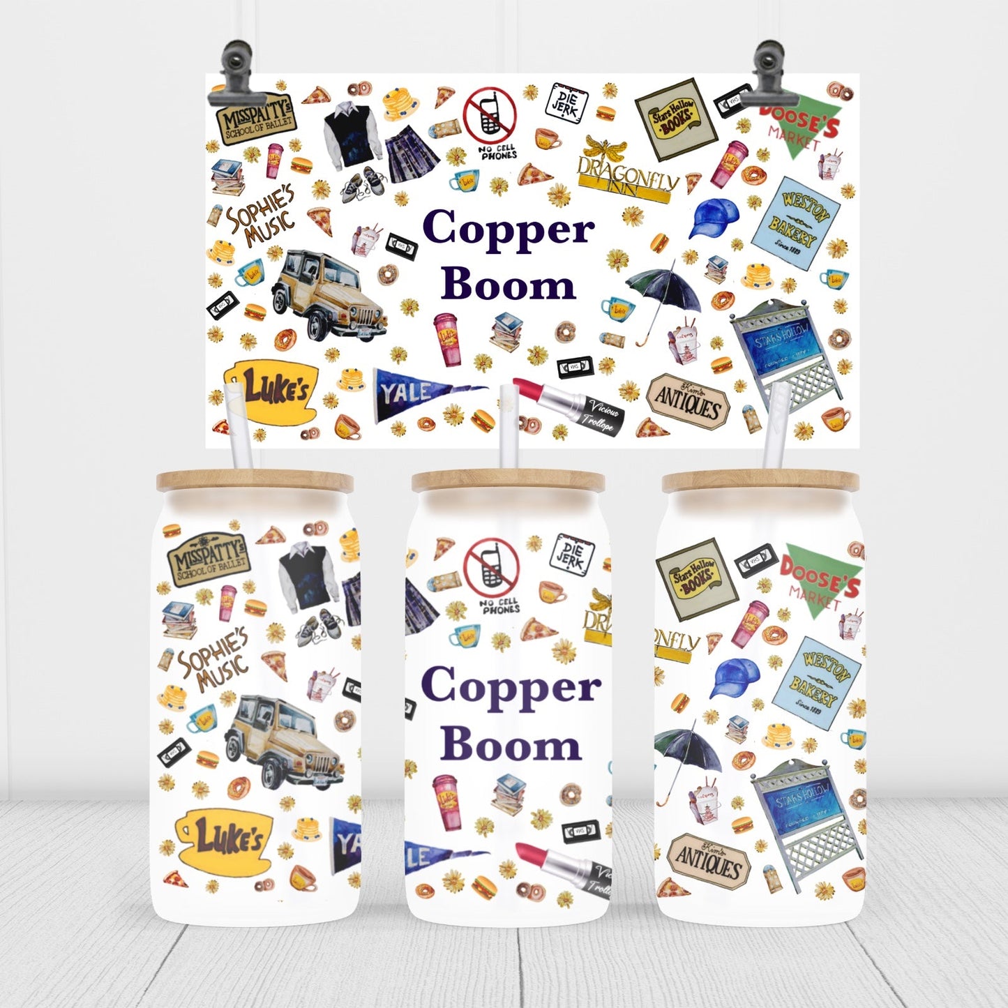 Three tumblers with 'Copper Boom' design on a white background