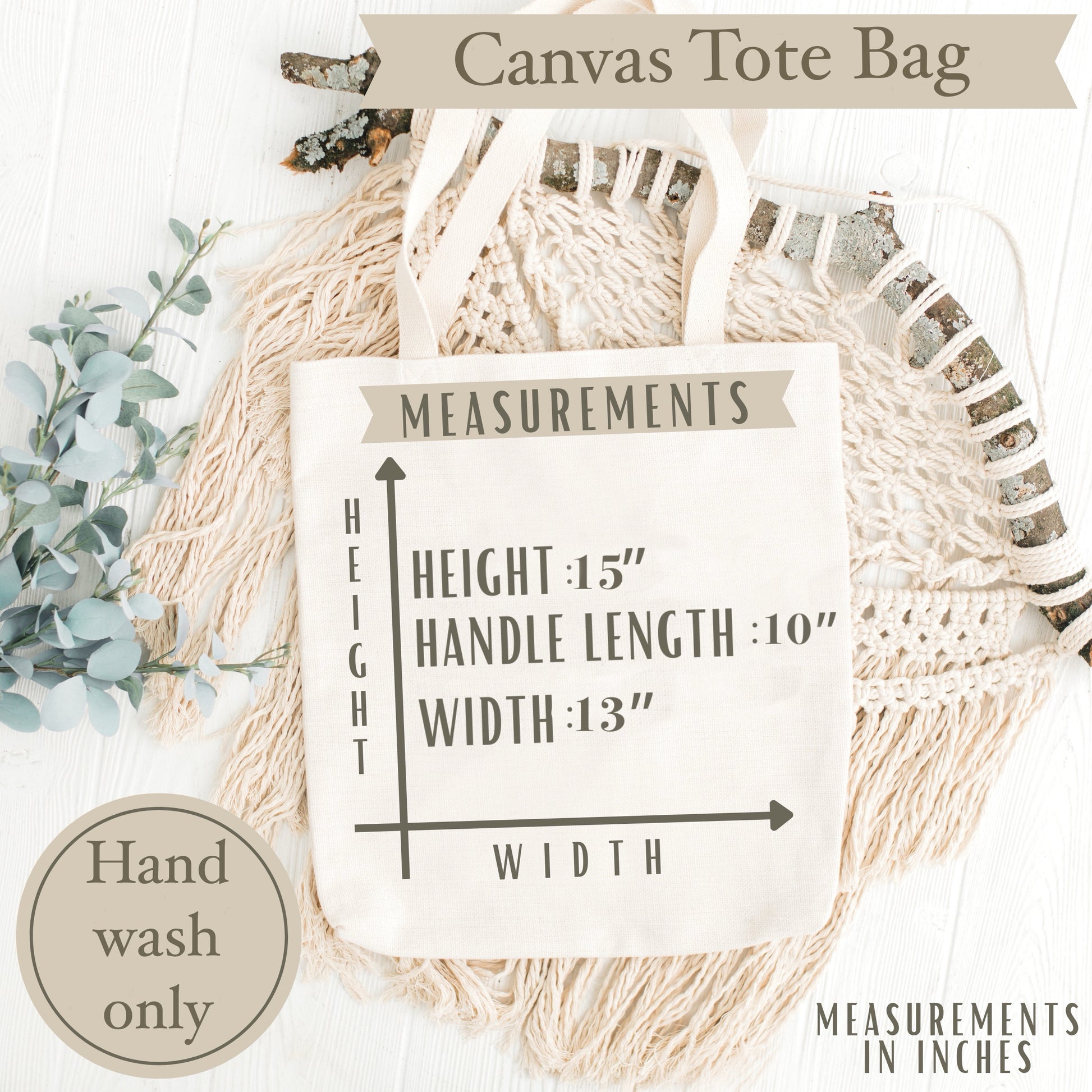 Canvas tote bag with measurements and care instructions on a decorative background