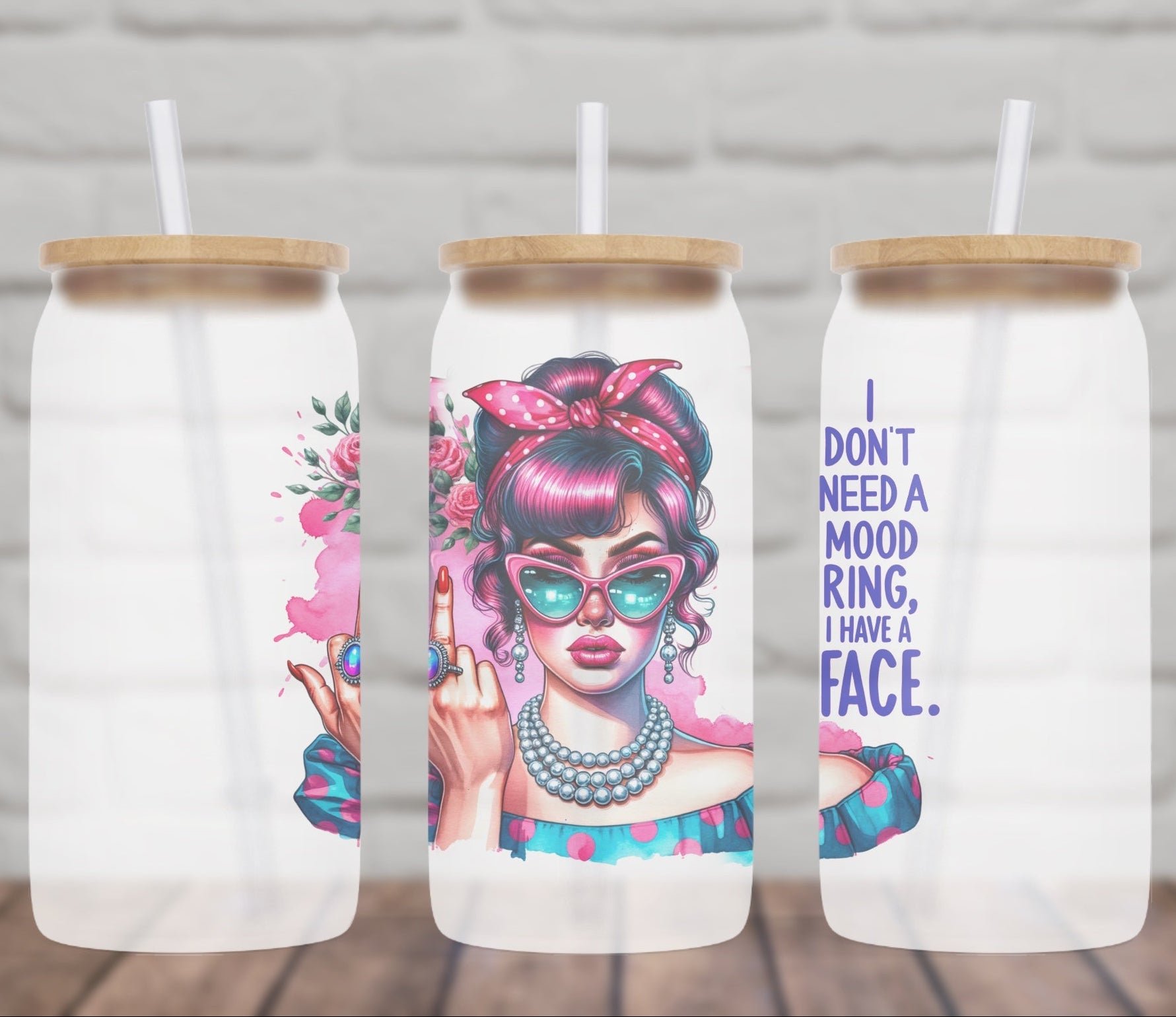 Three frosted Libby glass can with unique snarky designs with bamboo lids