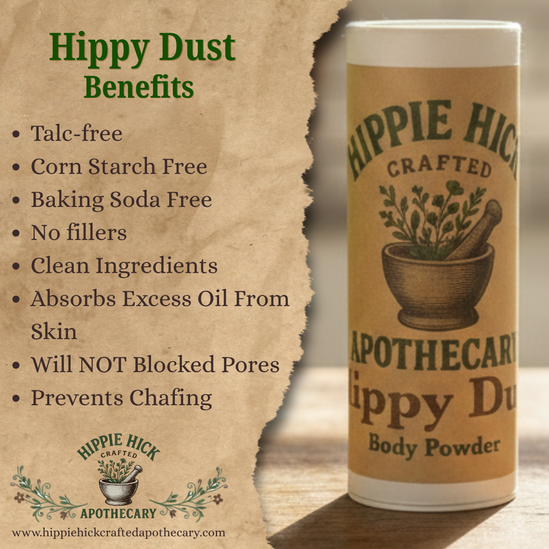 A product listing graphic for Hippie Hick Apothecary Hippy Dust Body Powder. The right side shows a kraft paper label on a white tube standing on a wooden surface. Showing benefits of the product talc free corn starch free baking soda free no fillers