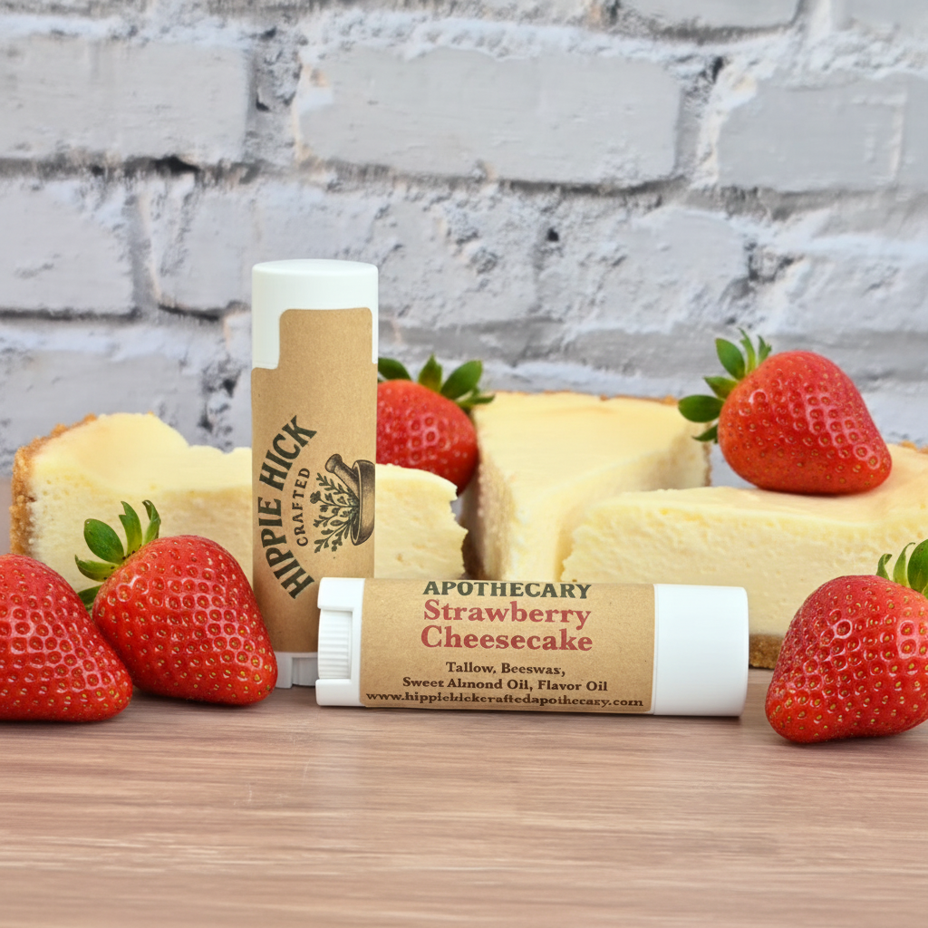 strawberry cheesecake tallow lip balms with strawberries on a wooden surface and brick wall background